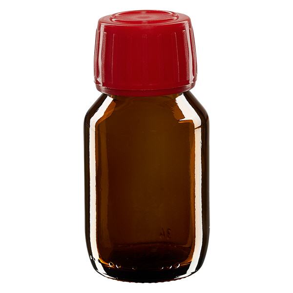 50ml lahvička na léky hnědá, červený uzávěr s pojistným kroužkem proti neoprávněné manipulaci ApoGlas 50ml lahvička na léky hnědá, červený uzávěr s pojistným kroužkem proti neoprávněné manipulaci ApoGlas