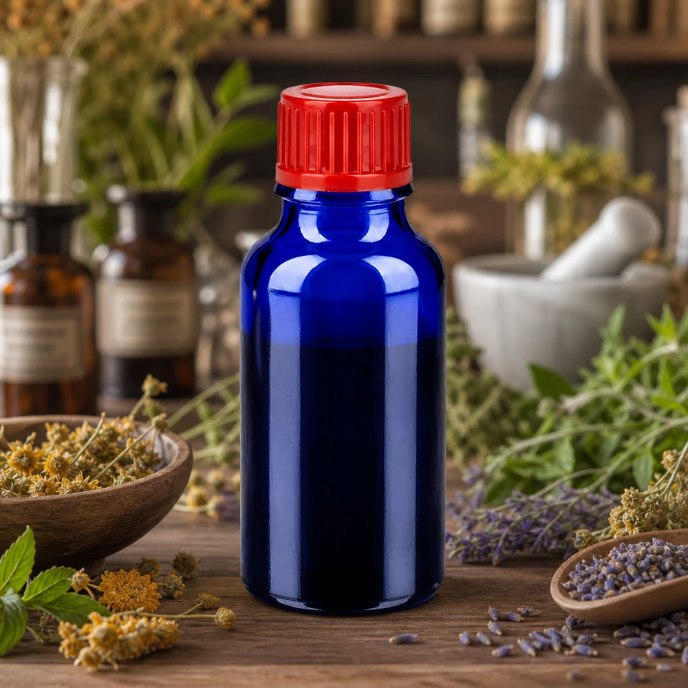 Vielseitige 20ml Cobaltglasflasche mit rotem 11mm Verschluss für Labor und Hausapotheke