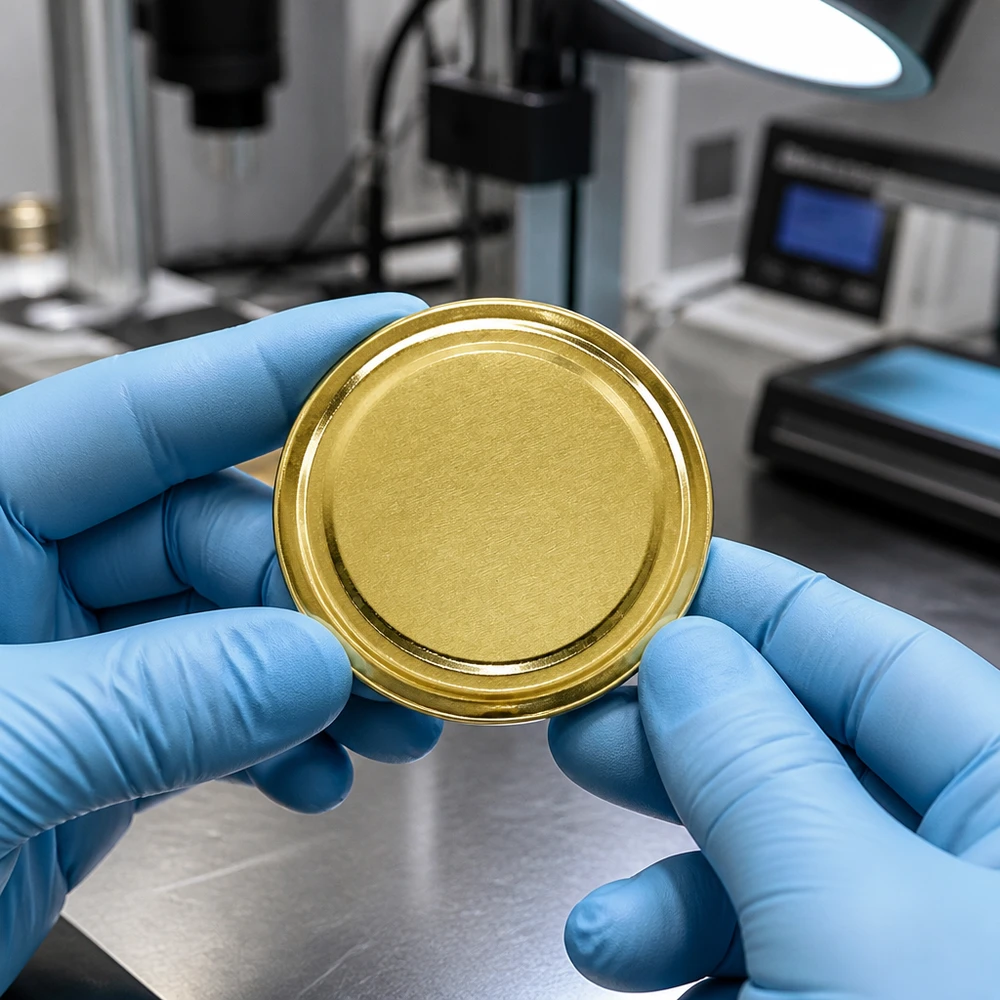 Laboratorní kontrola zlatého víčka TO66 o průměru 66 mm typu BasicSeal UNiTWIST s použitím ochranných rukavic