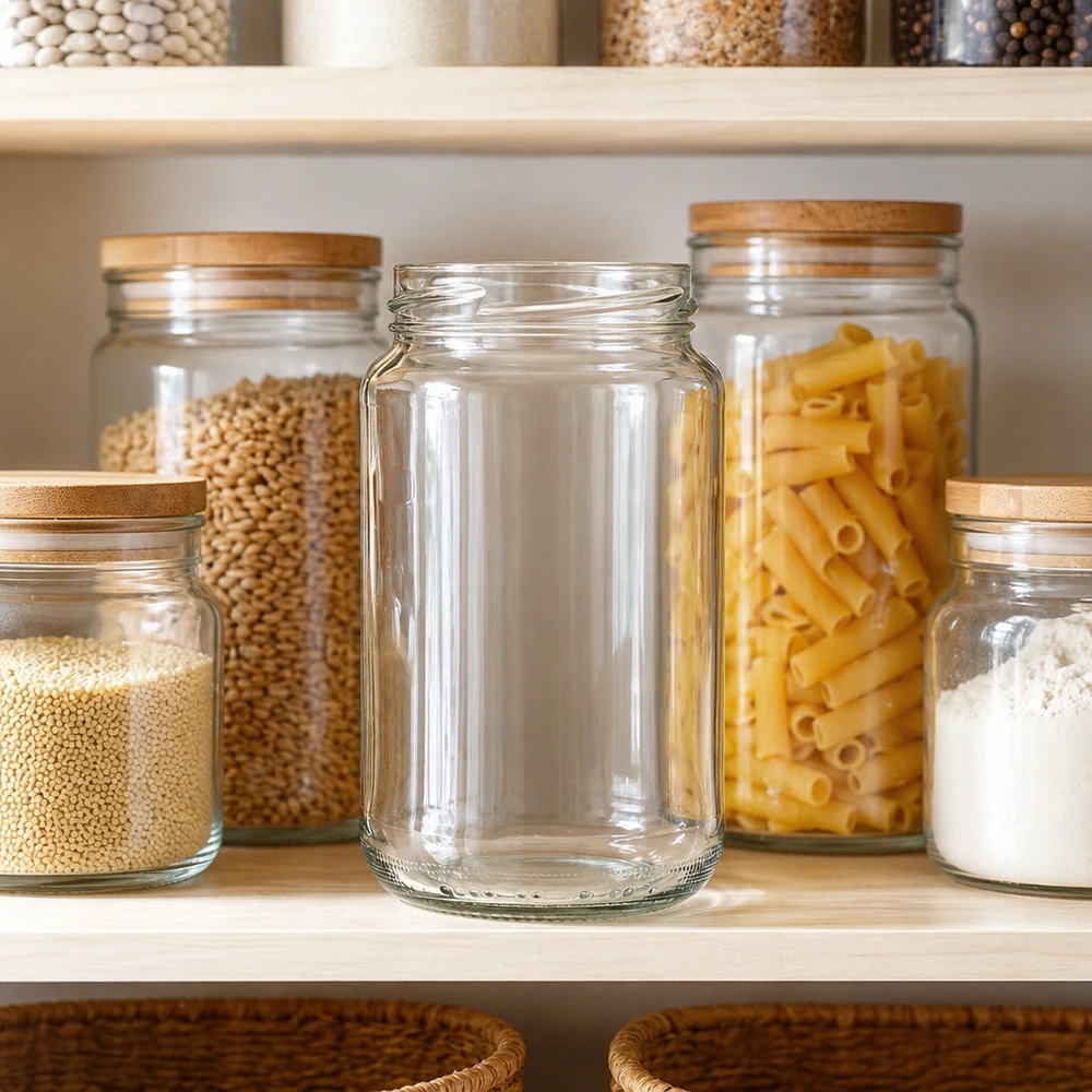 Kulatá sklenice o objemu 375 ml bez víčka (TO63) UNiTWIST UNiTWIST Runda375 Rundglas 375ml TO63 in organisierter Vorratskammer zwischen gefüllten Aufbewahrungsgläsern mit Pasta u
