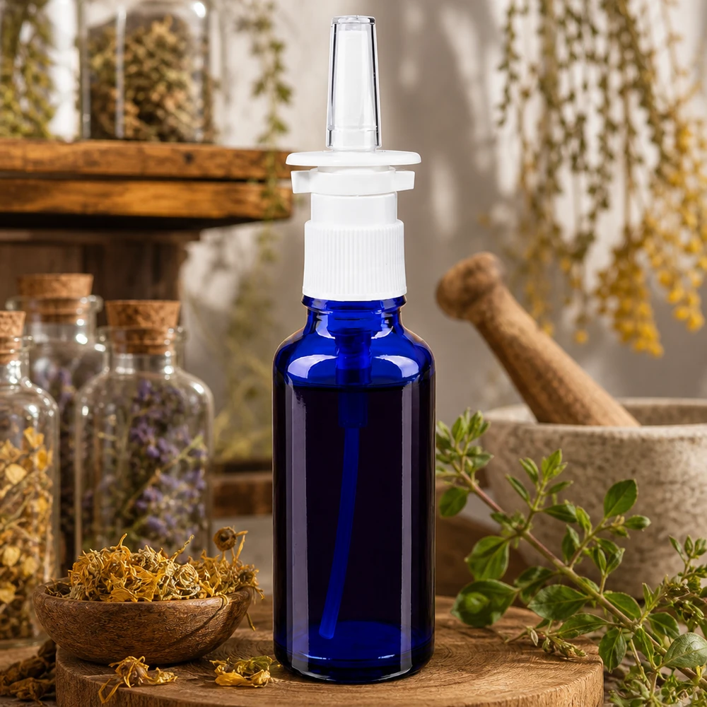 Kleine blaue 30ml Nasensprayflasche aus ApoGlas mit weißem Pumpkopf und Kräuterumgebung