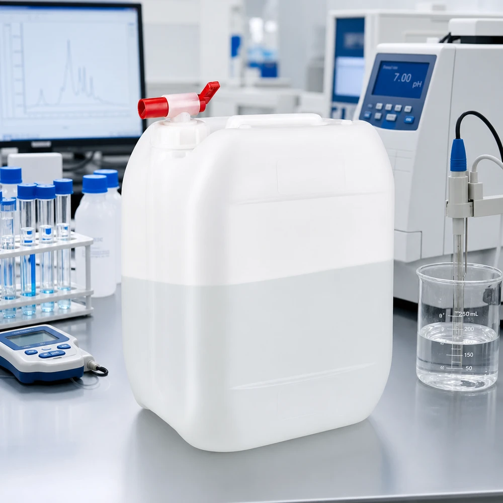 Kanystr 10 litrů s vypouštěcím kohoutkem Kompakter 10 Liter Flüssigkeitsbehälter mit seitlichem Auslaufhahn im Analytiklabor