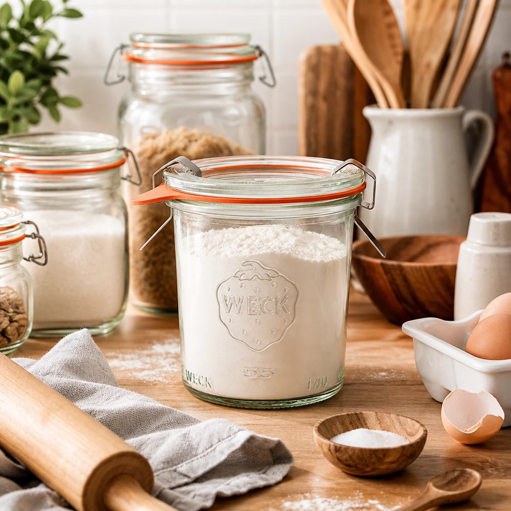 WECK Sturzglas 140ml RR60 mit Mehl gefüllt in Küche mit Backzutaten Eiern Nudelholz und Holzutensilien zum Backen