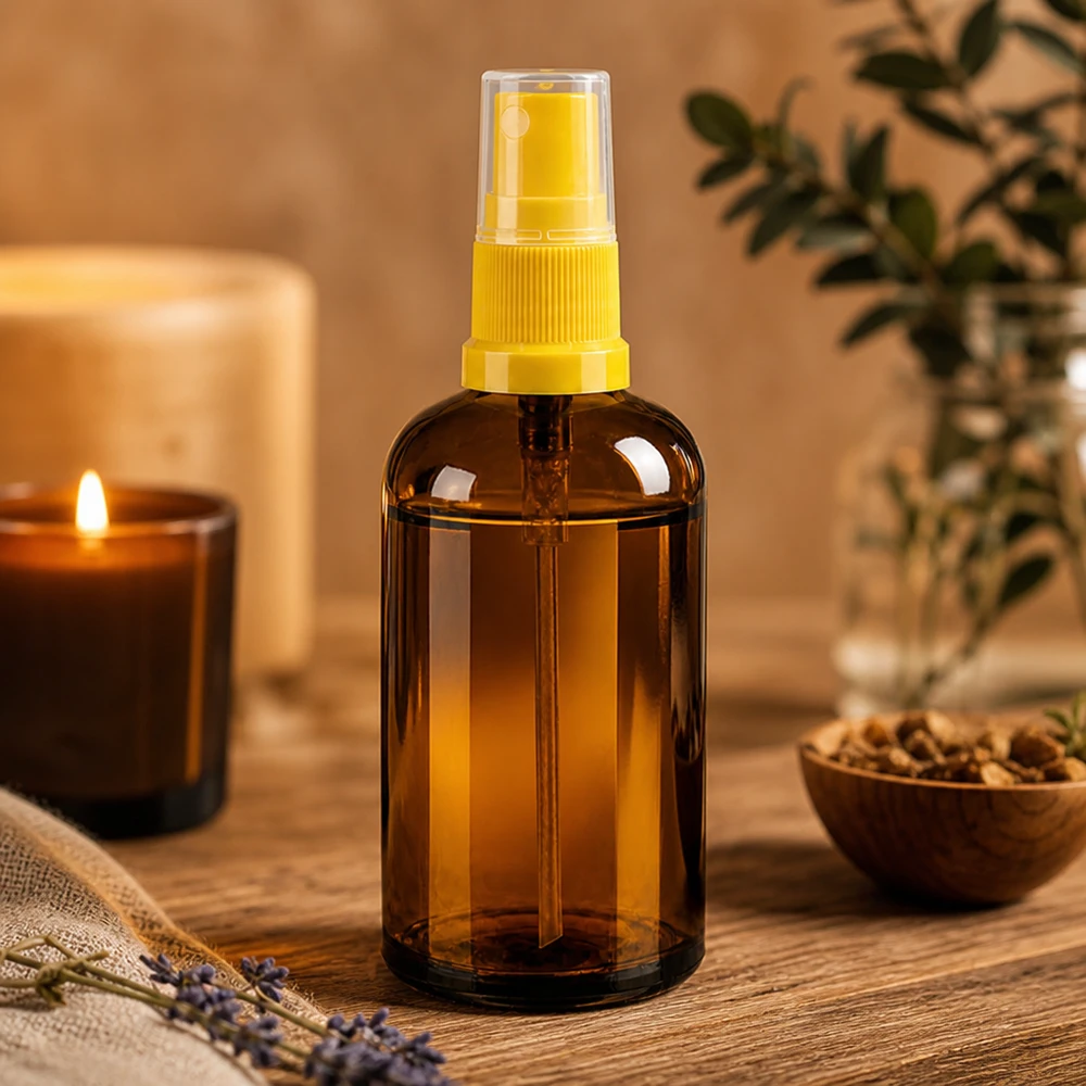 100ml lahvička s rozprašovačem žlutá/transparentní standardní uzávěr BrownLine UT18/100 Elegante braune Sprayflasche 100ml mit matt-gelben Akzenten für stilvolle Badezimmer