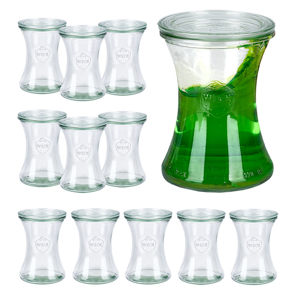 Sada 12 sklenic na lahůdky Weck 370ml s 12 skleněnými víčky. Sada 12 sklenic na lahůdky Weck 370ml s 12 skleněnými víčky.