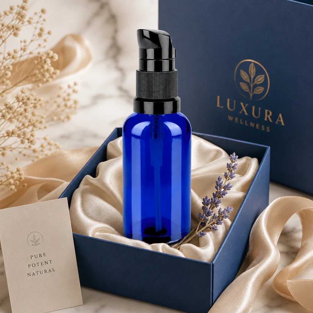 50ml láhev s pumpičkou černá standardní uzávěr BlueLine UT18/50 Hochglänzende 50ml Pumpflasche in tiefblau mit schwarzer Pumpe STD BlueLine UT18/50 für edle Präsentation