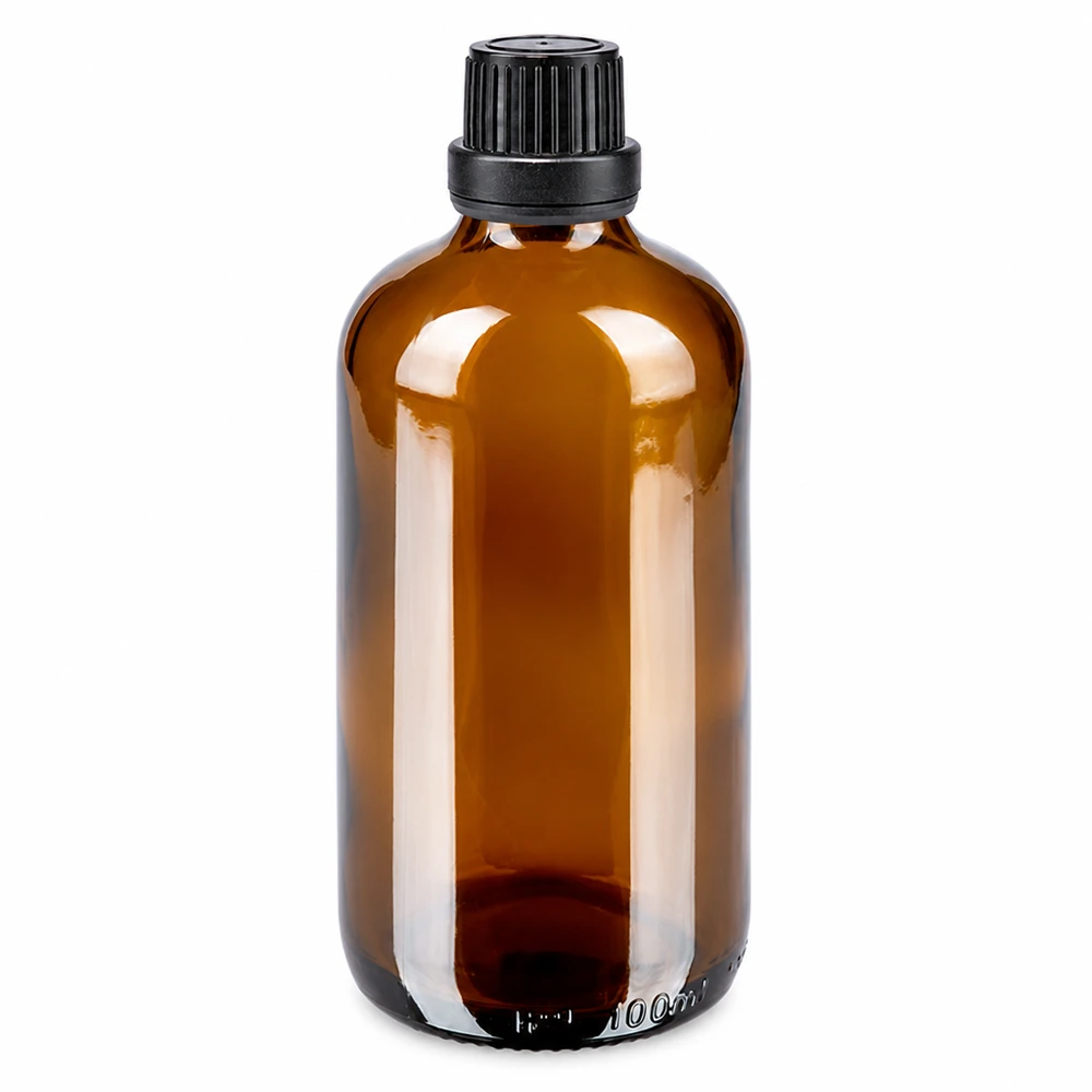 100ml Braunglasflasche mit 2mm Tropfeinsatz und schwarzem OV-Deckel für Pharmaprodukte