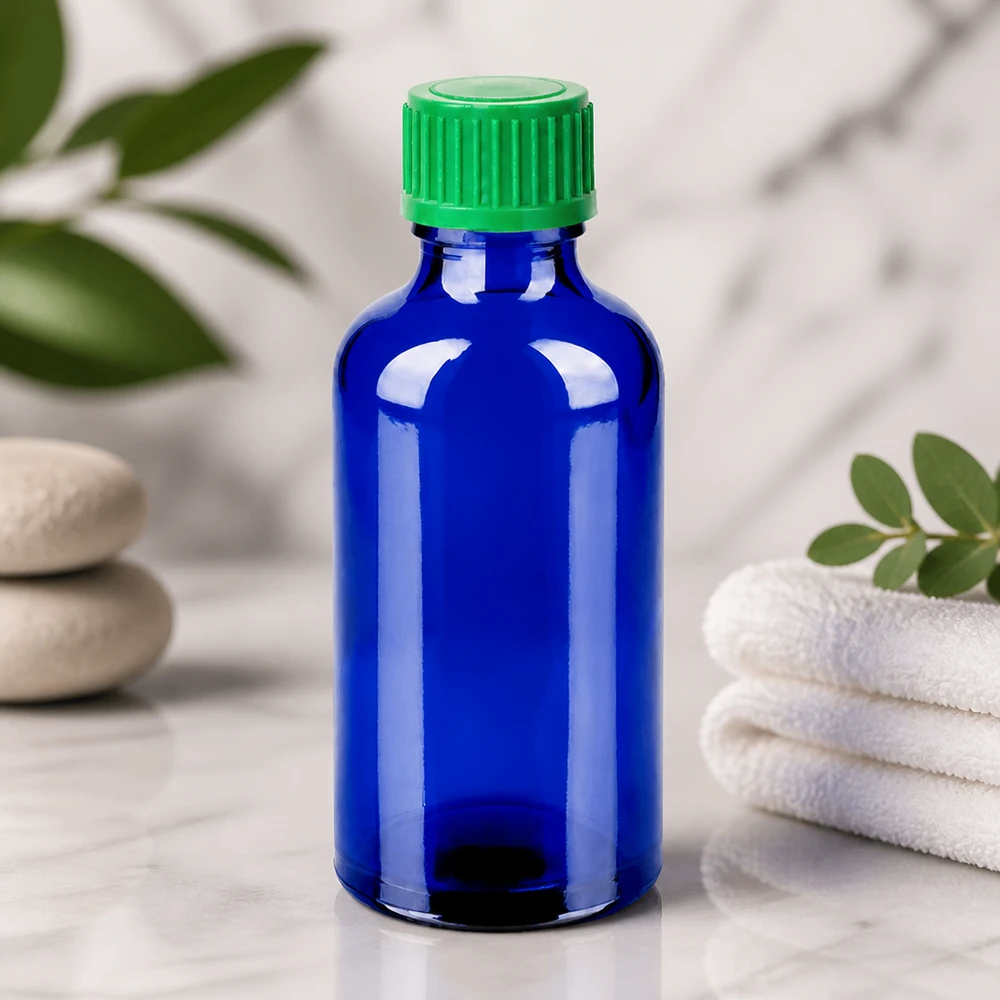 50ml lahvička s kapátkem 0,8 mm zelená standardní uzávěr BlueLine UT18/50 Blaue 50ml Flasche mit 0.8mm Tropföffnung für punktgenau dosierte Anwendung