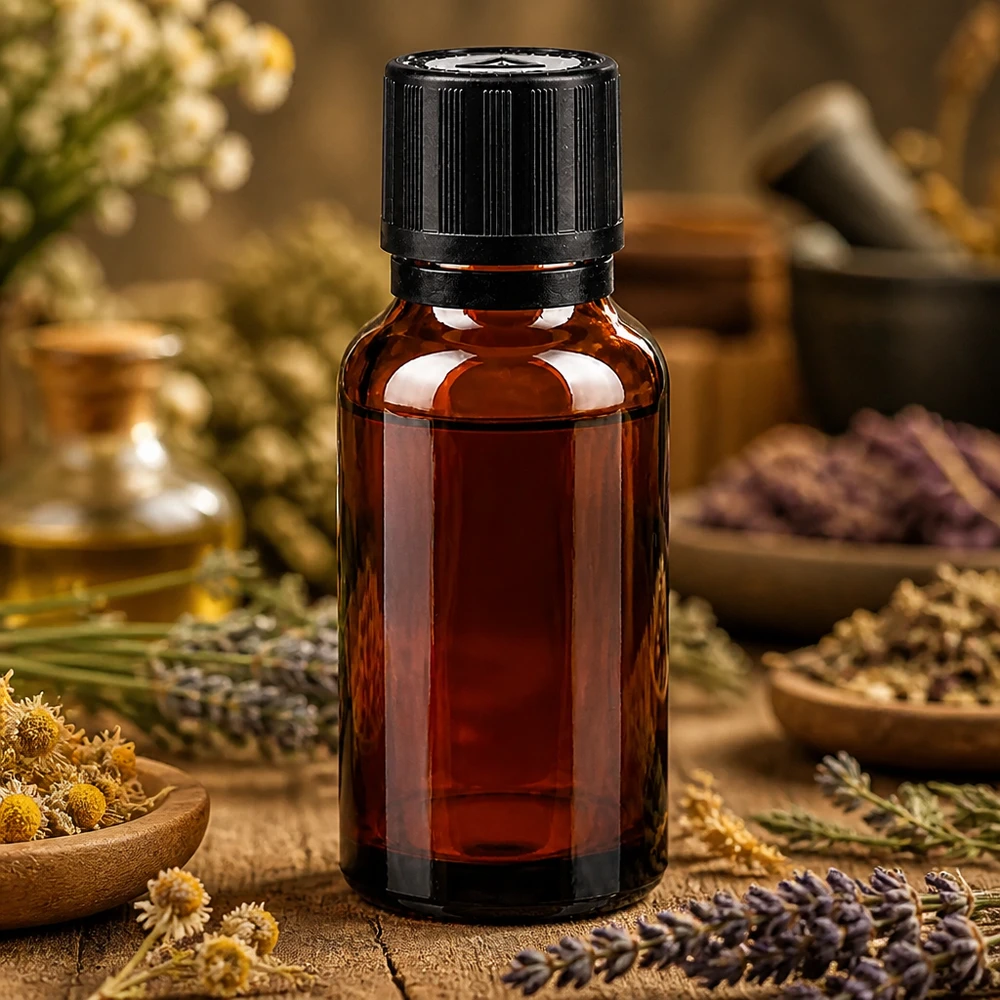 Apothekenglas 20ml bernsteinfarben mit Originalitätsverschluss und getrocknetem Lavendel