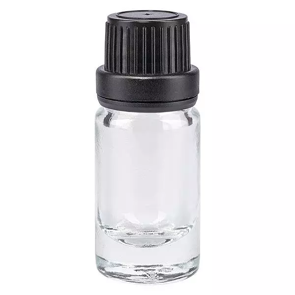 Lékárenská lahvička čirá 5ml kapací uzávěr s nalévacím kroužkem 2mm černý uzávěr s ochranou proti manipulaci Lékárenská lahvička čirá 5ml kapací uzávěr s nalévacím kroužkem 2mm černý uzávěr s ochranou proti manipulaci