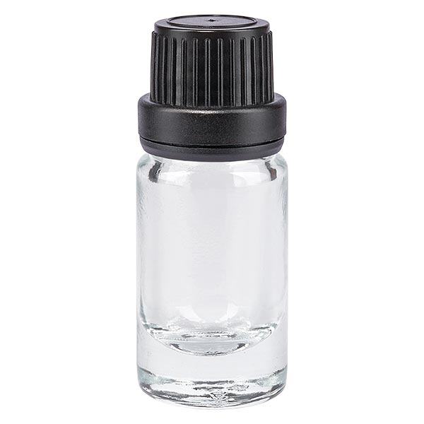 Lékárenská lahvička čirá 5ml kapací uzávěr s nalévacím kroužkem 2mm černý uzávěr s ochranou proti manipulaci Lékárenská lahvička čirá 5ml kapací uzávěr s nalévacím kroužkem 2mm černý uzávěr s ochranou proti manipulaci