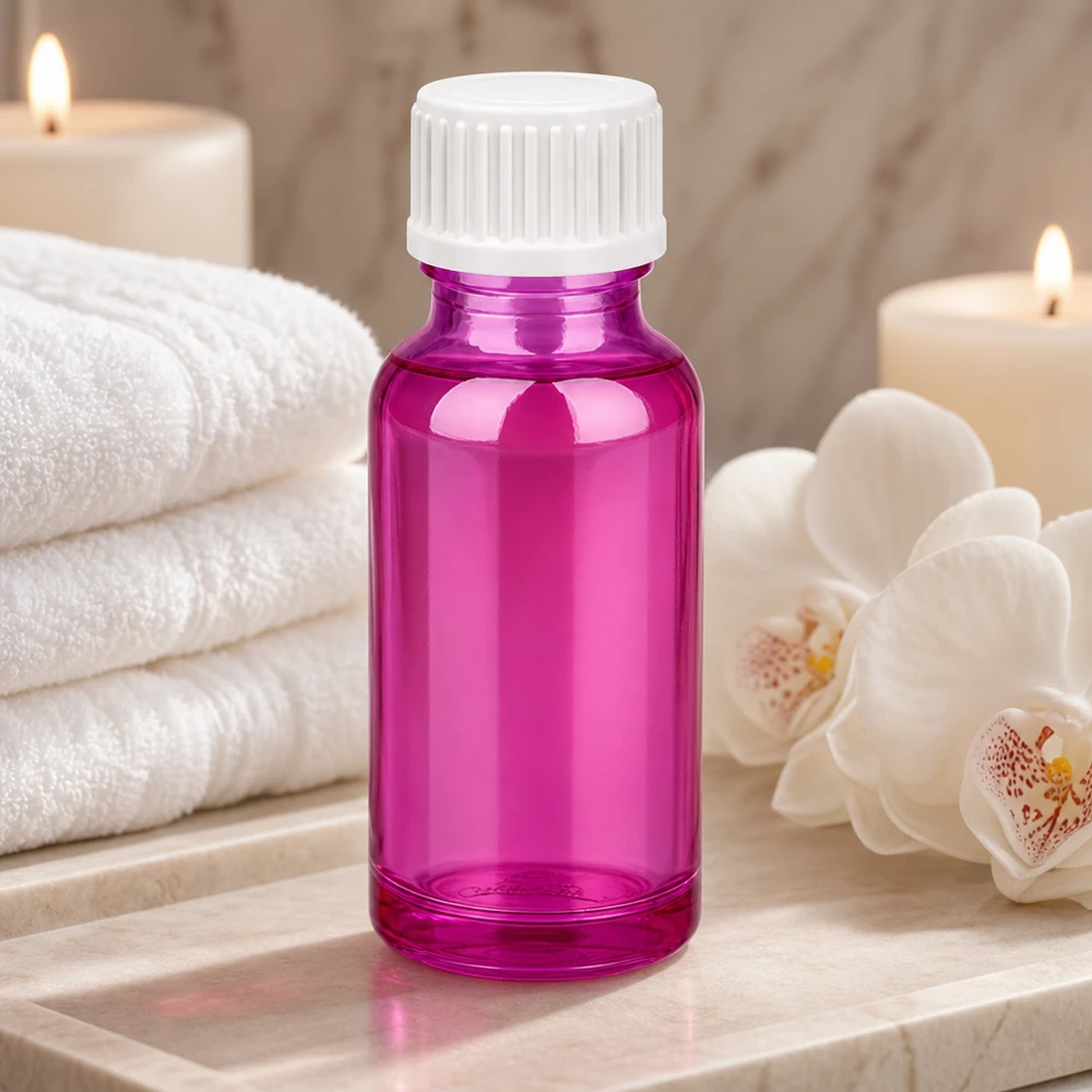 20ml lahvička (globule) 3mm nalévací kroužek bílá standardní PurpleLine.UT18/20 20ml Premium Glasflasche in leuchendem Purpur für mobile Aromatherapie unterwegs