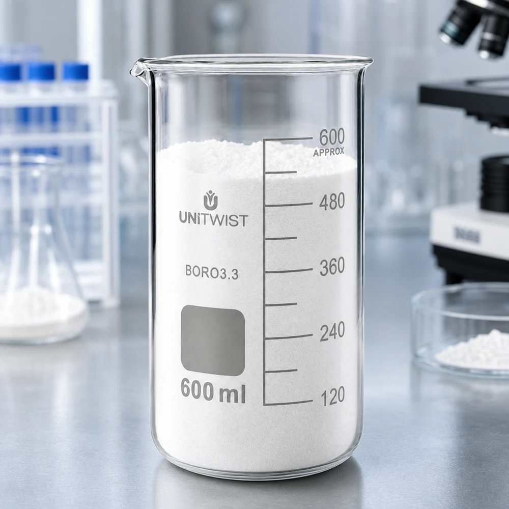 Kádinka 600 ml borosilikátová, vysoká forma UNiTWIST Transparentes Becherglas 600ml UNITWIST hohe Form mit weißem Feststoff bis zur 600ml Marke