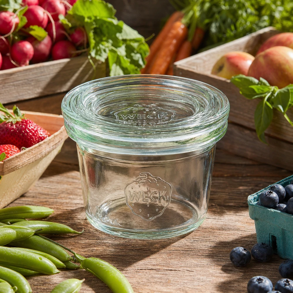 35ml kelímky se skleněným víčkem WECK RR40 WECK Sturzglas 35ml RR40 leer mit Glasdeckel umgeben von frischem Gemüse und Obst auf rustikalem Holztisch