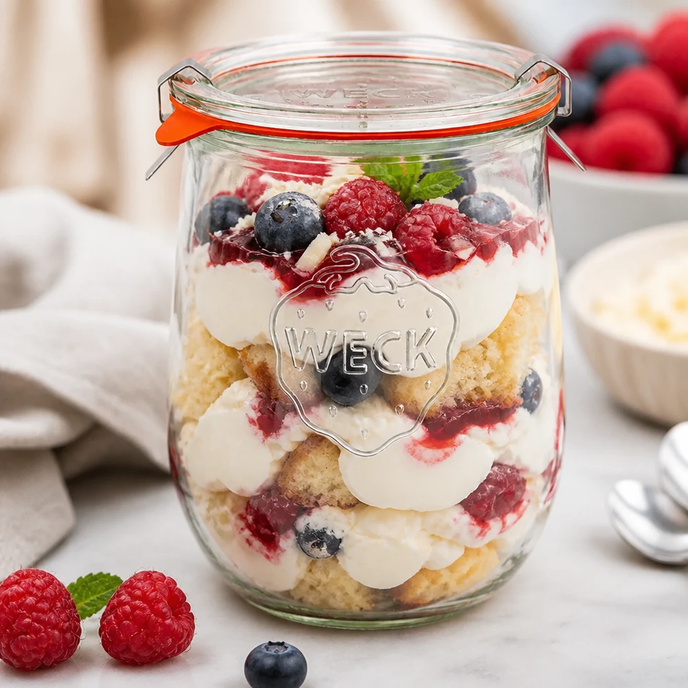 1062ml tulipánová sklenice kompletní WECK RR100 WECK Tulpenglas 1062ml RR100 als stylisches Dessertglas mit Beeren Sahne Schichtdessert für besondere Anlässe