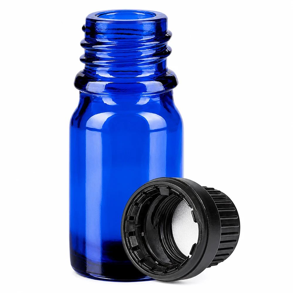 Handliche 5ml Flasche aus blauem Glas mit schwarzem Verschluss ideal für kleine Mengen