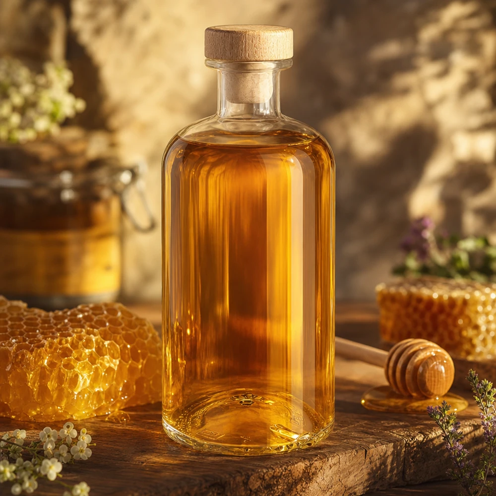 Glasflasche Flora 500ml mit Honig gefüllt neben Bienenwaben und Honigdipper auf rustikalem Holzbrett im warmen Licht