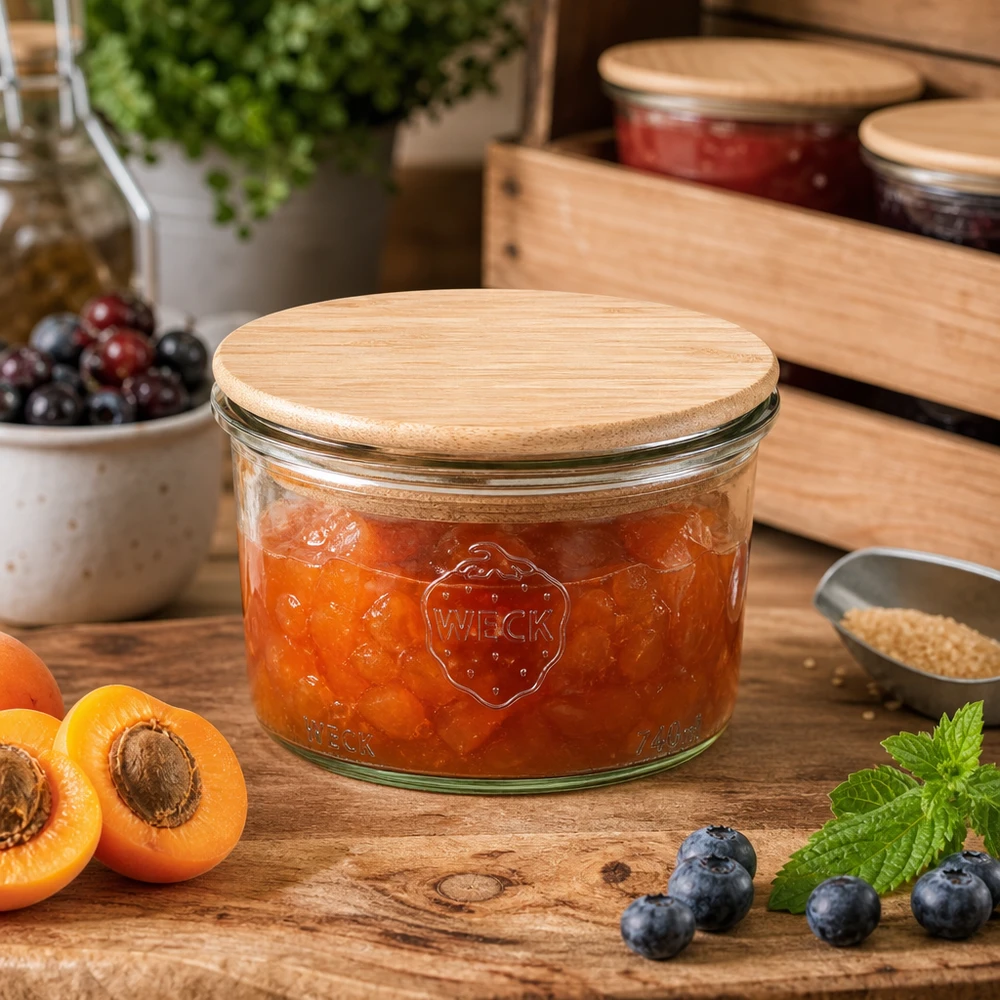 200ml tumblery WECK RR80 s dřevěným víčkem buk. WECK Einmachglas 200ml mit Holzdeckel gefüllt mit Aprikosenmarmelade auf Holztisch neben frischen Früchten
