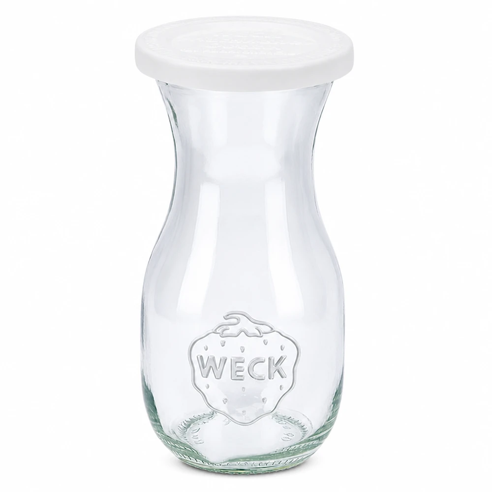 WECK Saftflasche 290ml mit weißem Frischedeckel RR60 aus klarem Glas mit geprägtem Logo