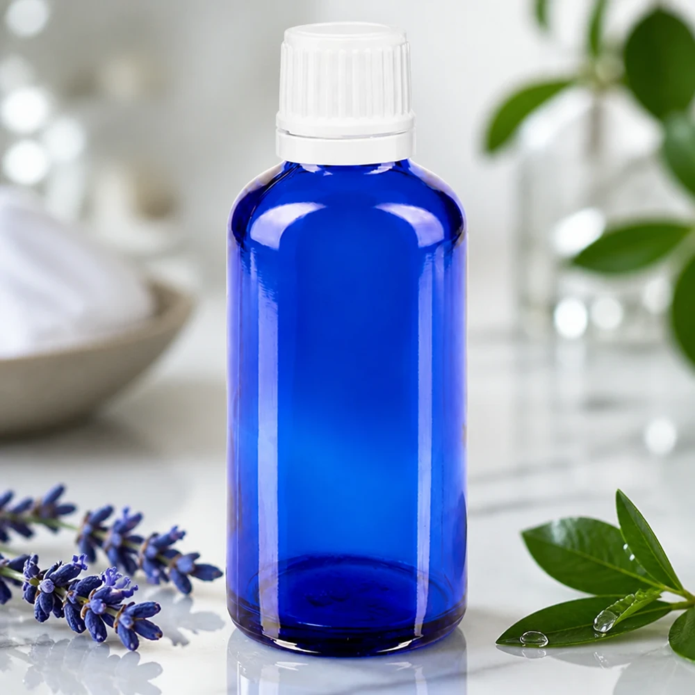 Lékárenská láhev modrá 50ml šroubovací uzávěr bílý s ochranným uzávěrem. Blaue Tropfflasche 50ml Apoglas mit weißem SV OV Verschluss für Naturkosmetik geeignet