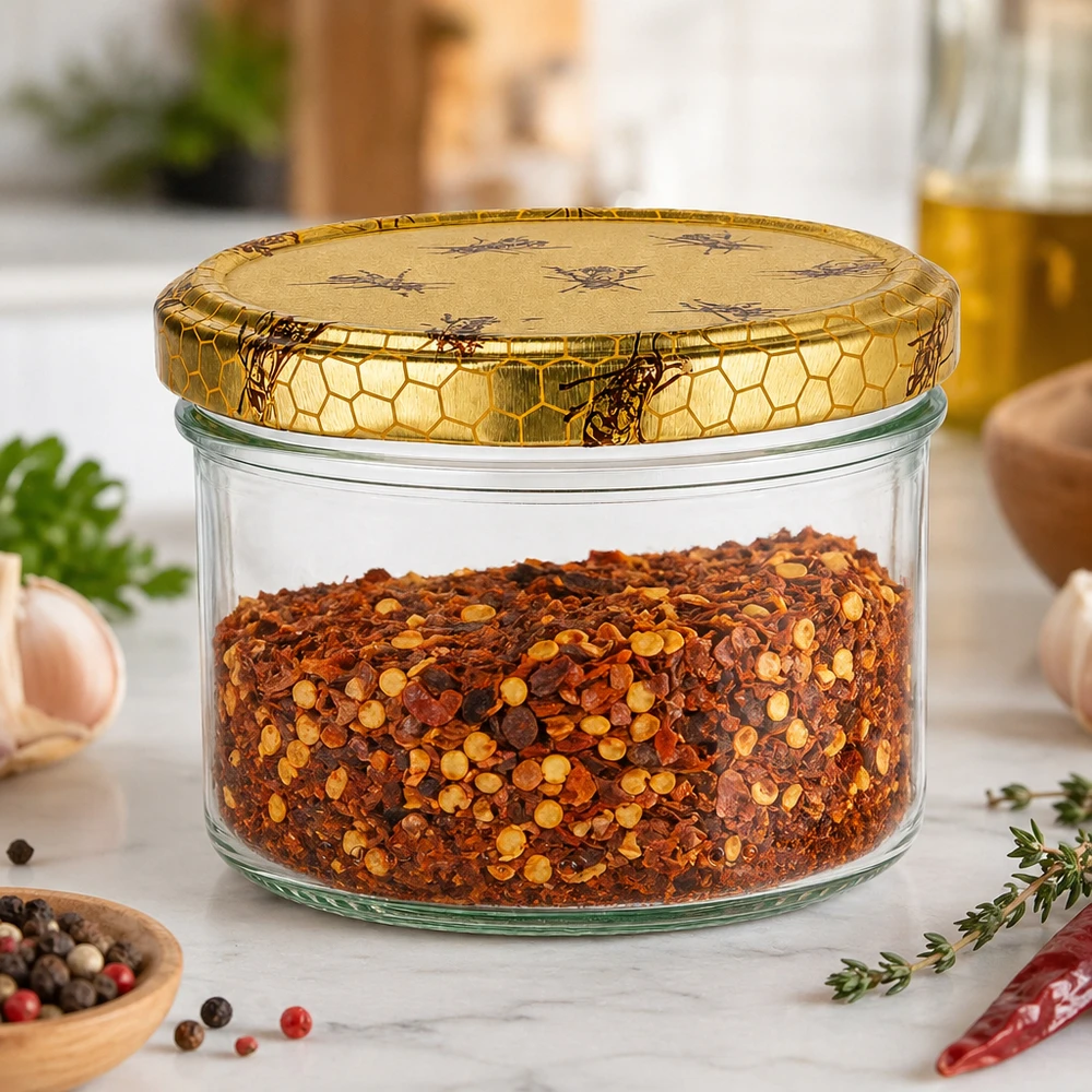 300g Honigglas mit Bienenwaben-Deckel als Gewürzdose für Chilliflocken in der Küche verwendbar