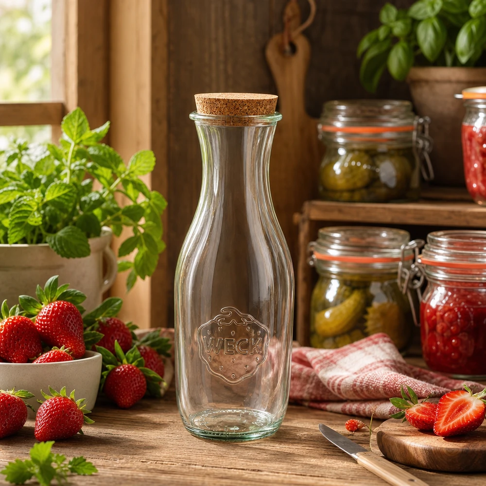 1062ml láhev na džus WECK RR60 s korkem přírodní WECK Glasflasche 1062ml in rustikaler Küche mit frischen Erdbeeren und Einmachgläsern dekorativ arrangiert