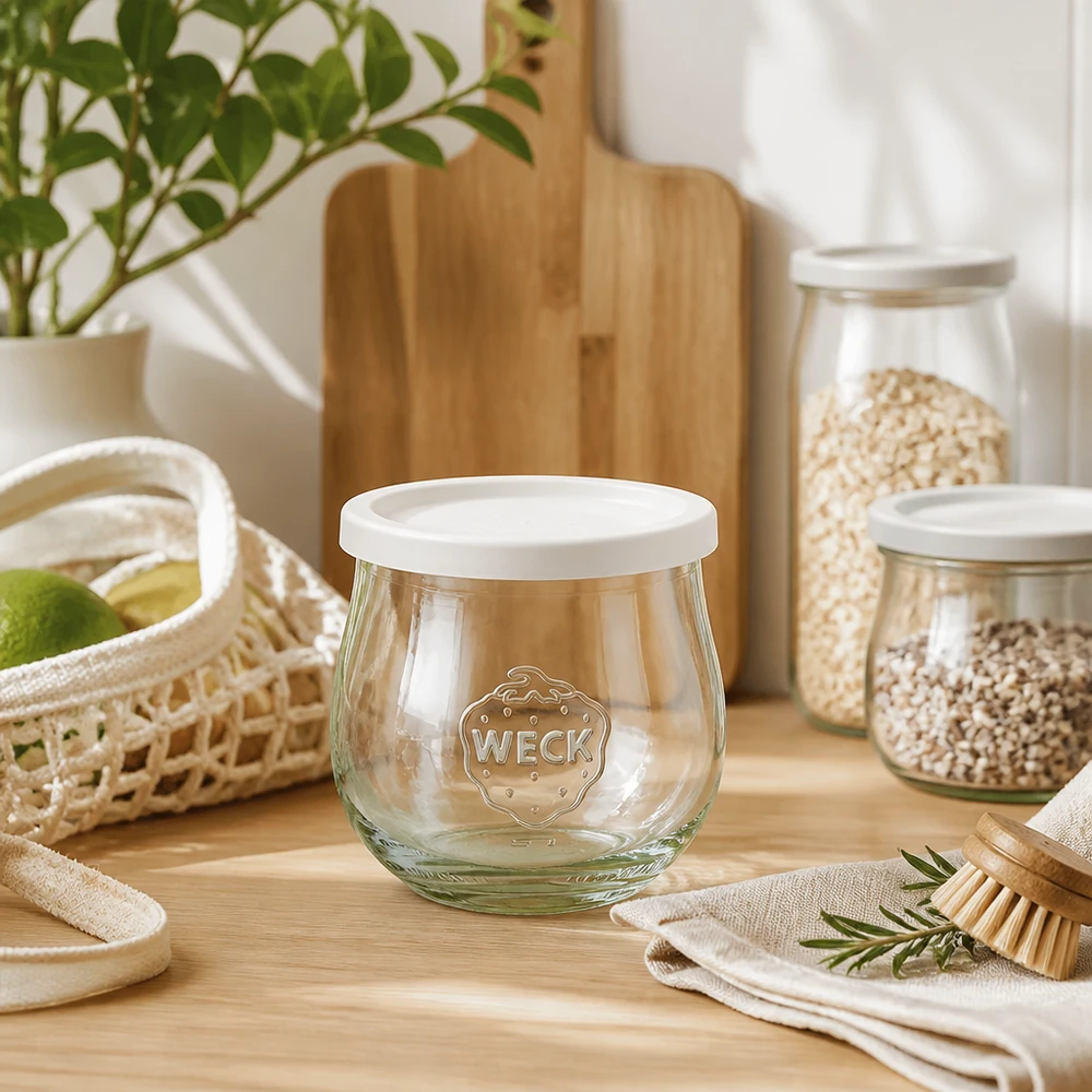 370ml tulipánová sklenice se skleněným víčkem na svěžest WECK RR80 WECK Tulpenglas 370ml RR80 in natürlicher Küchenatmosphäre mit Holzutensilien und Vorratsgläsern dekorativ inszeniert