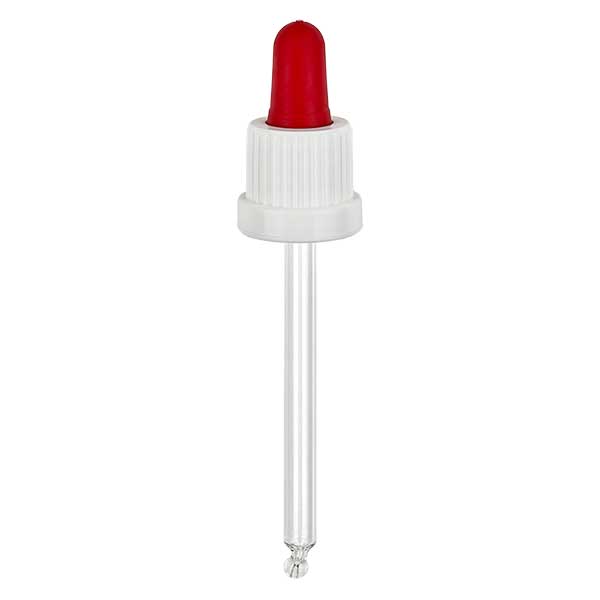 Skleněná kapací pipeta bílá/červená 18mm PL85 s tamper-evidentním uzávěrem. Skleněná kapací pipeta bílá/červená 18mm PL85 s tamper-evidentním uzávěrem.
