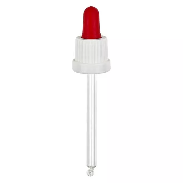 Skleněná kapací pipeta bílá/červená 18mm PL85 s tamper-evidentním uzávěrem. Skleněná kapací pipeta bílá/červená 18mm PL85 s tamper-evidentním uzávěrem.