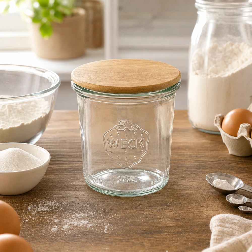 140ml tumblery WECK RR60 s dřevěným víčkem buk. WECK Sturzglas 140ml RR60 mit Holzdeckel in Backküche mit Mehl Eiern und Backzutaten für Vorratshaltung