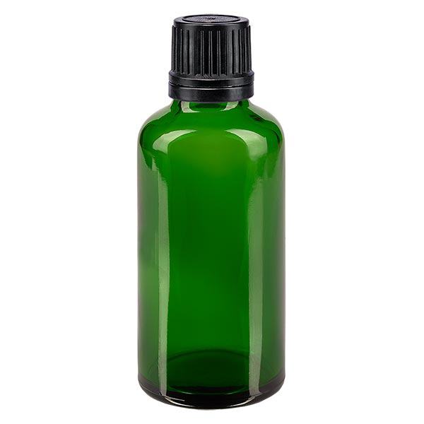 Lékárenská láhev zelená 50ml šroubovací uzávěr černý nalévací kroužek tamper evident uzávěr Lékárenská láhev zelená 50ml šroubovací uzávěr černý nalévací kroužek tamper evident uzávěr