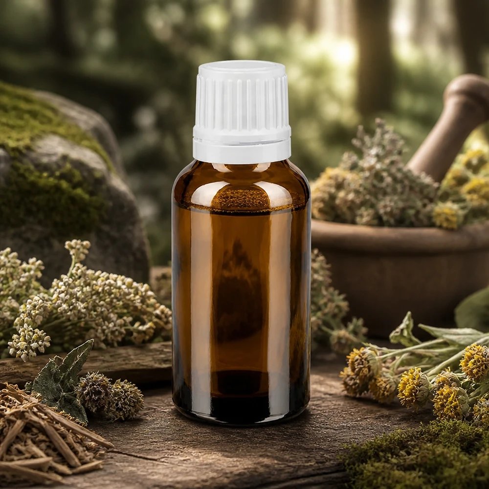 Lékárenská lahvička hnědá 20ml kapátko s uzávěrem 1,2mm bílý uzávěr proti neoprávněné manipulaci. Hochwertige 20ml Braunglas Dosiererflasche mit OV für Aromatherapie auf rustikalem Holzuntergrund