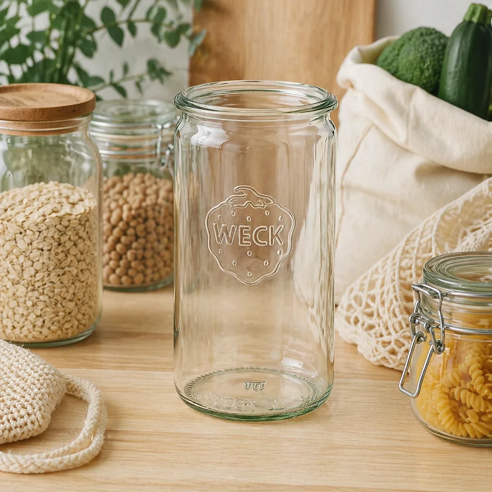 340ml válcová sklenice WECK RR60 s dřevěným dřevem - 340ml válcová sklenice s dřevěným dřevem WECK Zylinderglas 340ml RR60 in nachhaltiger Zero-Waste-Küche mit Vorratsgläsern und Baumwollbeuteln