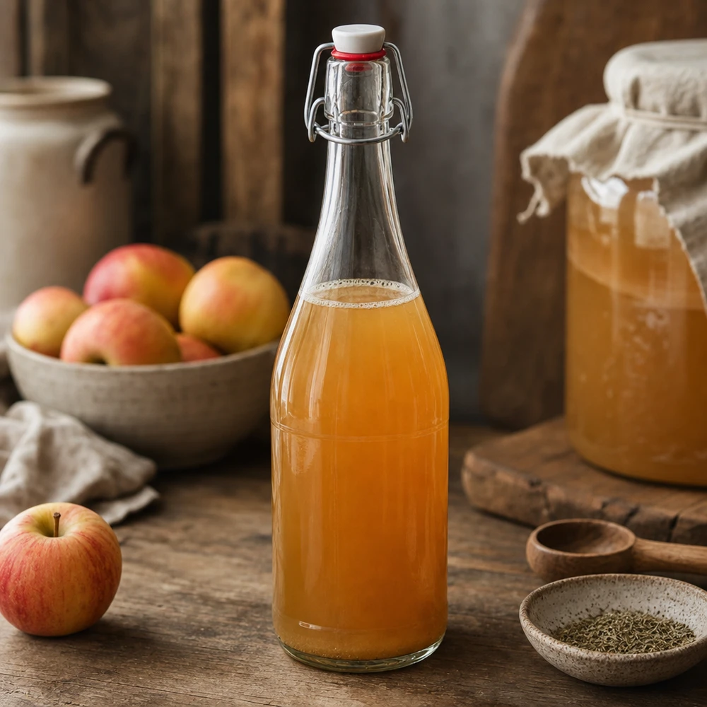 Skleněná láhev o objemu 750 ml + otočný uzávěr PVC UNiTWIST 750ml Glasflasche Bügelverschluss mit Apfelsaft befüllt rustikale Küche Obst Holztisch natürlich hausgemacht