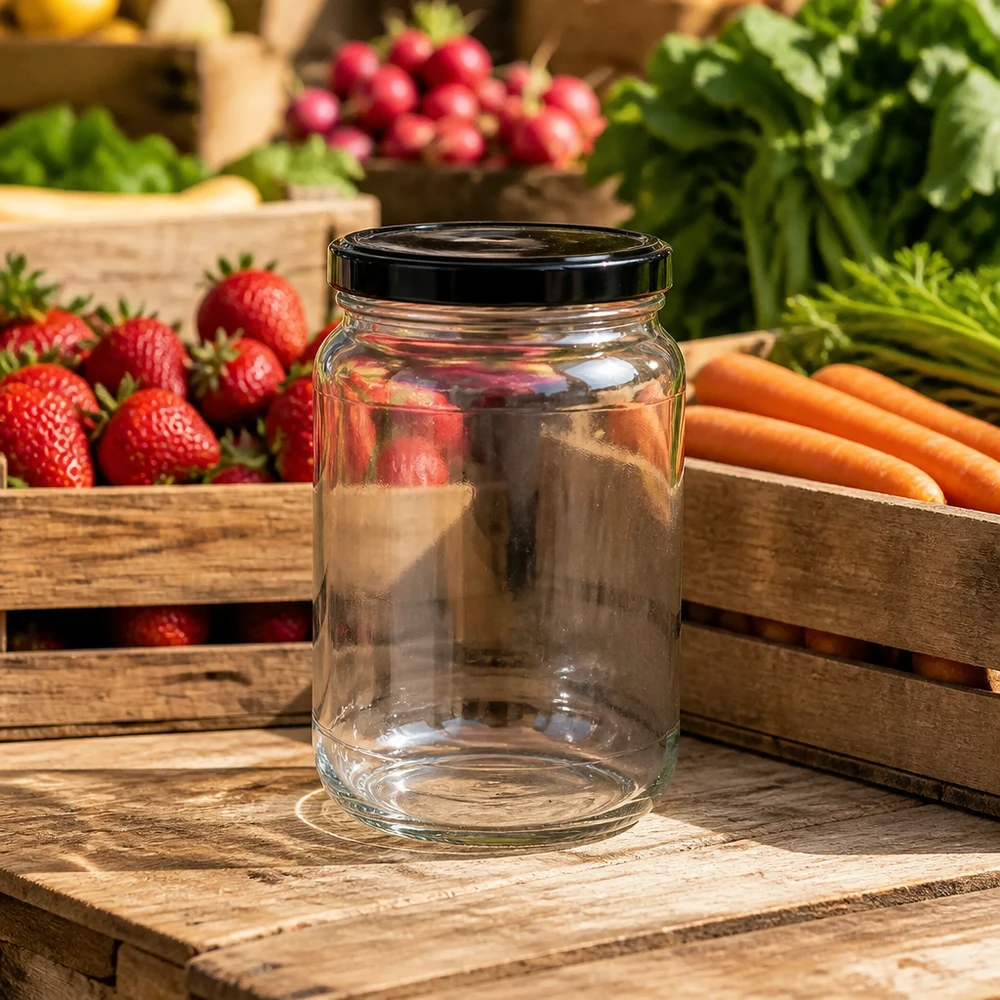 1700ml kulatá sklenice s víčkem BasicSeal černá UNiTWIST Leeres 1700ml Rundglas BasicSeal Deckel schwarz Marktstand frisches Obst Gemüse Einmachglas Konservierung