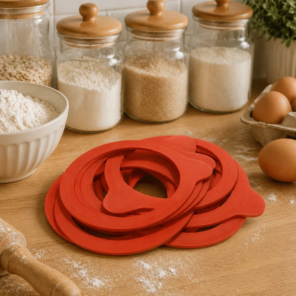 Konzervační kroužek z přírodního kaučuku RR80 Einkochring RR80 Naturgummi orange stapelbare Dichtungsringe Küche Holztisch Einmachzubehör Backutensilien