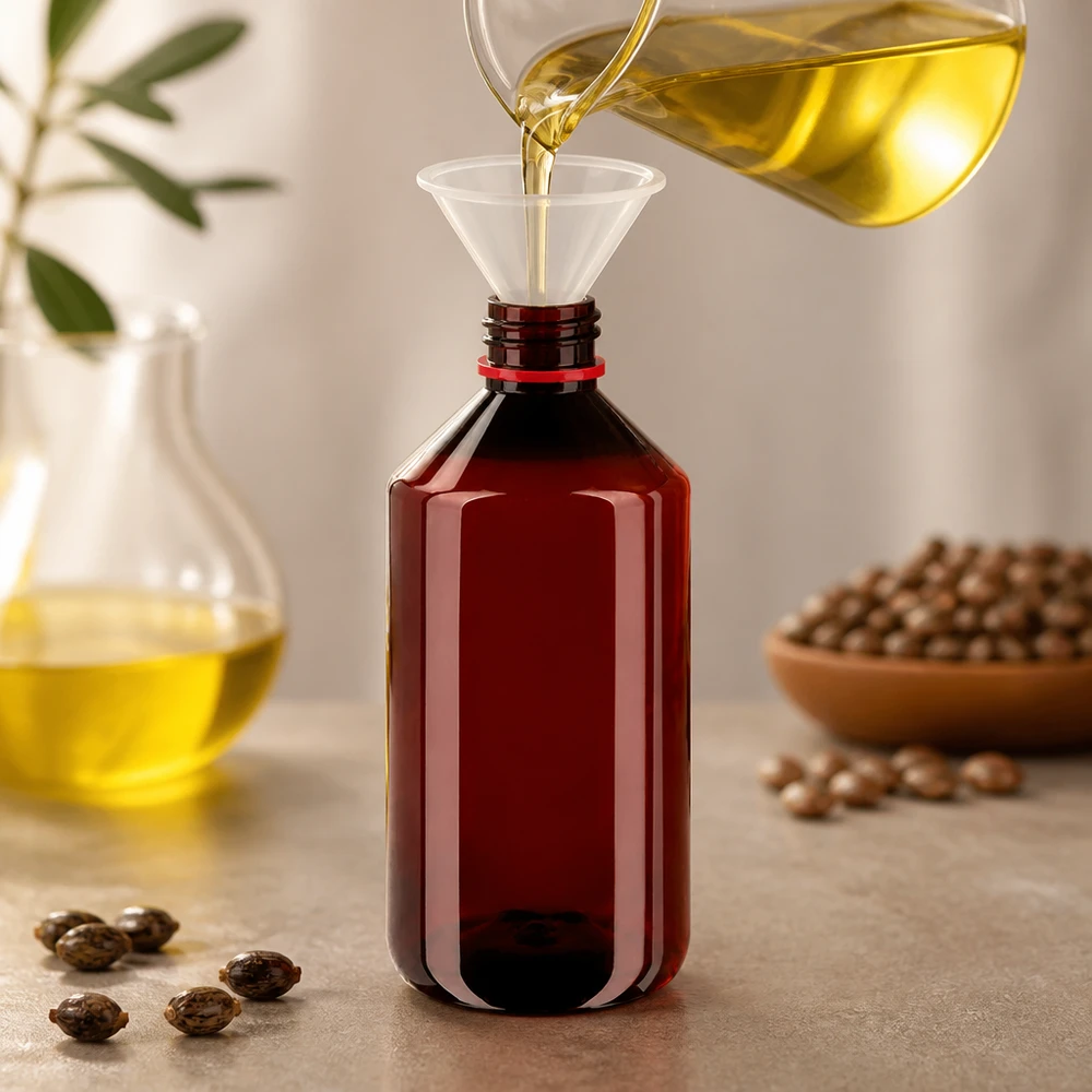 Jantarově zbarvená PET láhev o objemu 750 ml s originálním červeným uzávěrem při plnění žlutého oleje pomocí trychtýře