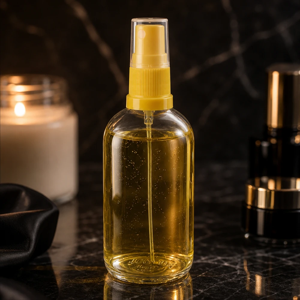 100ml láhev s rozprašovačem žlutá/průhledná standardní uzávěr ClearLine UT18/100 Befüllbare 100ml Sprühflasche ClearLine gelb glitzernd mit Ölinhalt Detailansicht