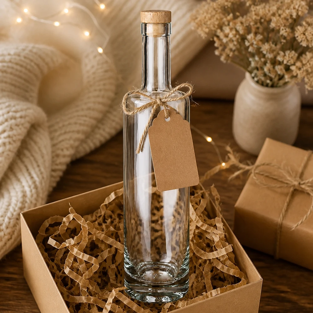 500ml Glasflasche "Lina" mit Holzgriff-Korken UNiTWIST 500ml Glasflasche Lina Geschenkverpackung mit Kraftpapier Box Anhänger warmweißen Lichterketten Dekoration