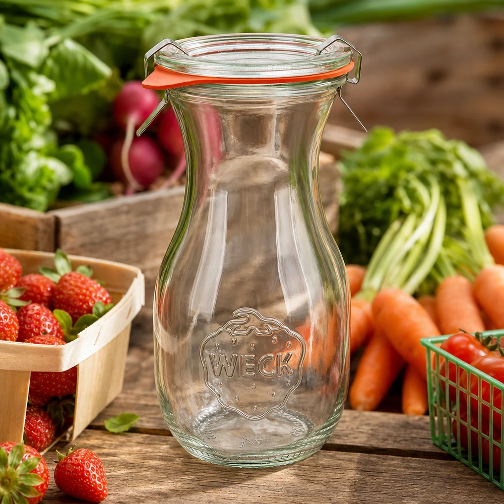 290ml láhev na džus kompletní WECK RR60 WECK Saftflasche 290ml RR60 leer mit Bügelverschluss zwischen frischem Obst und Gemüse auf rustikalem Holztisch