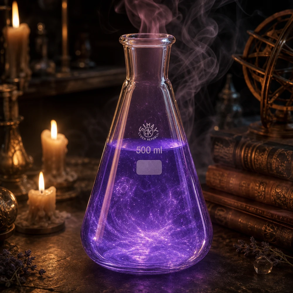 Erlenmeyerova baňka 500ml se standardním broušeným spojem (29/32) Atmosphärische Laborszene mit glühendem Erlenmeyerkolben und alchemistischer Stimmung