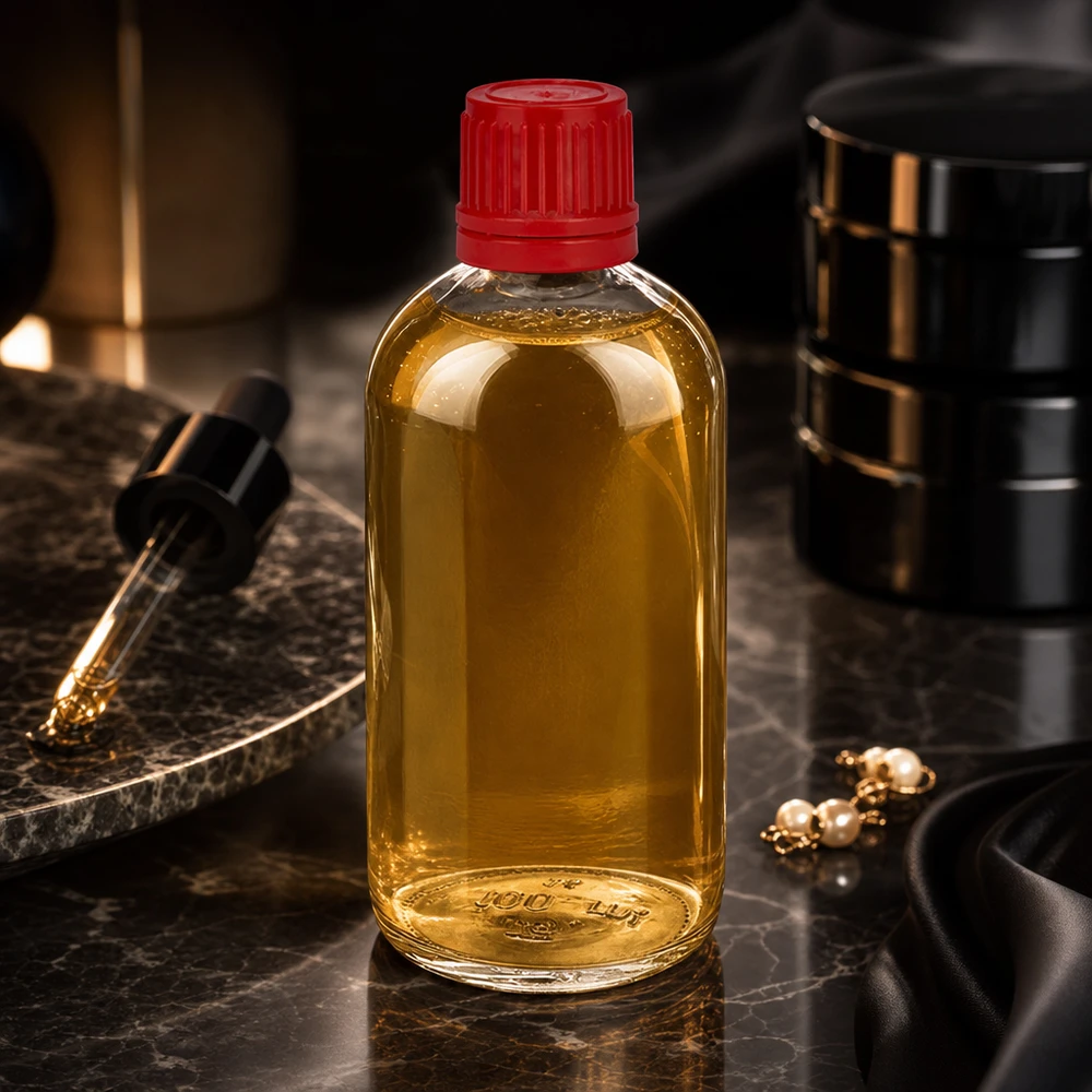 100ml láhev 11mm šroubovací uzávěr červený uzávěr ClearLine UT18/100 ClearLine 100ml Flasche mit rotem Schraubverschluss OV und goldenem Flüssigkeitsinhalt von oben
