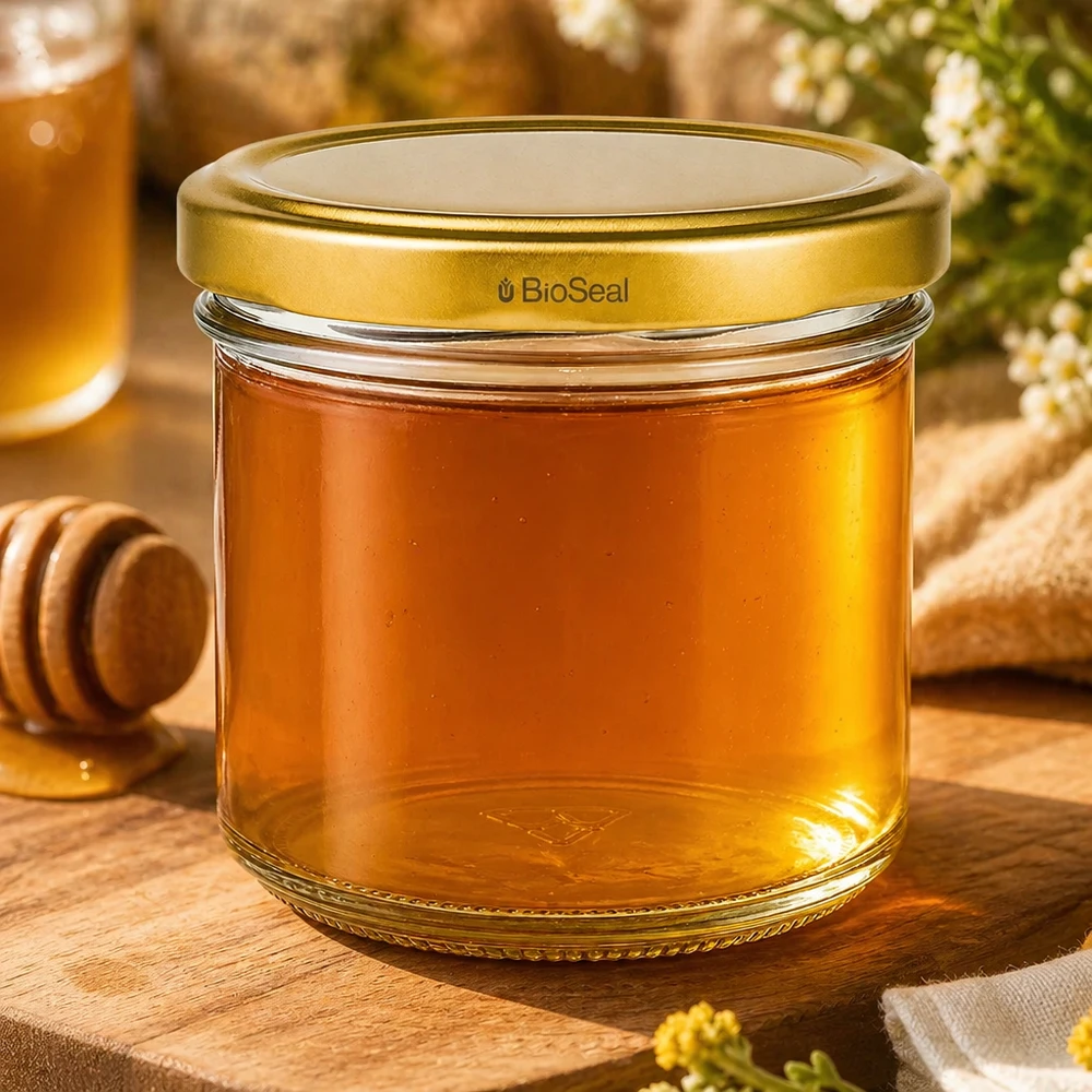 UNiTWIST Sturzglas 125ml mit Honig befüllt - goldener TO66 BioSeal Deckel auf Holzbrett mit Honiglöffel