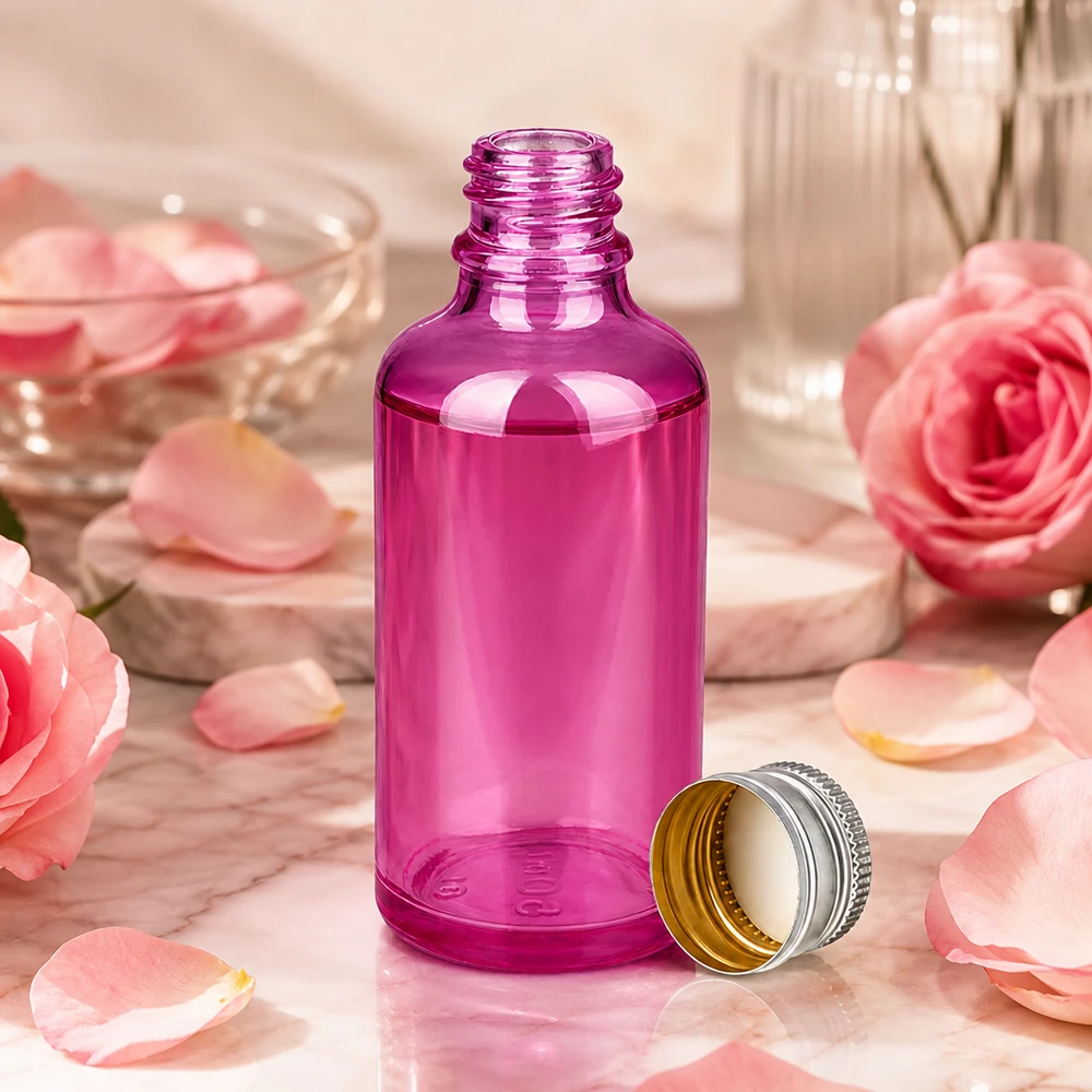 50ml lahvička 11mm šroubovací uzávěr hliníkovo-stříbrný standard PurpleLine.UT18/50 Kompakte lila Glasflasche 50ml mit dichtschließendem Silberverschluss für Reise und Aufbewahrung