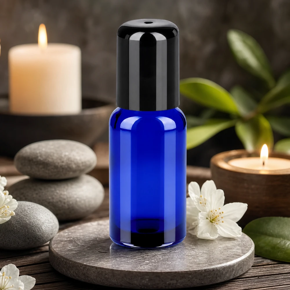 20ml roll-on lahvička černá se standardním uzávěrem BlueLine UT18/20 Elegante Roll-On Flasche 20ml in nachtblau mit schwarzer Rollerball-Kappe STD BlueLine Qualität