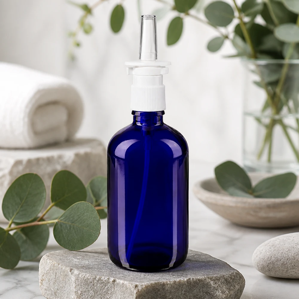 Lékárenská lahvička modrá 100ml nosní rozprašovač bílý standard. Blaue 100ml Rundflasche aus Apothekerglas mit weißem Nasenspray-Pumpmechanismus