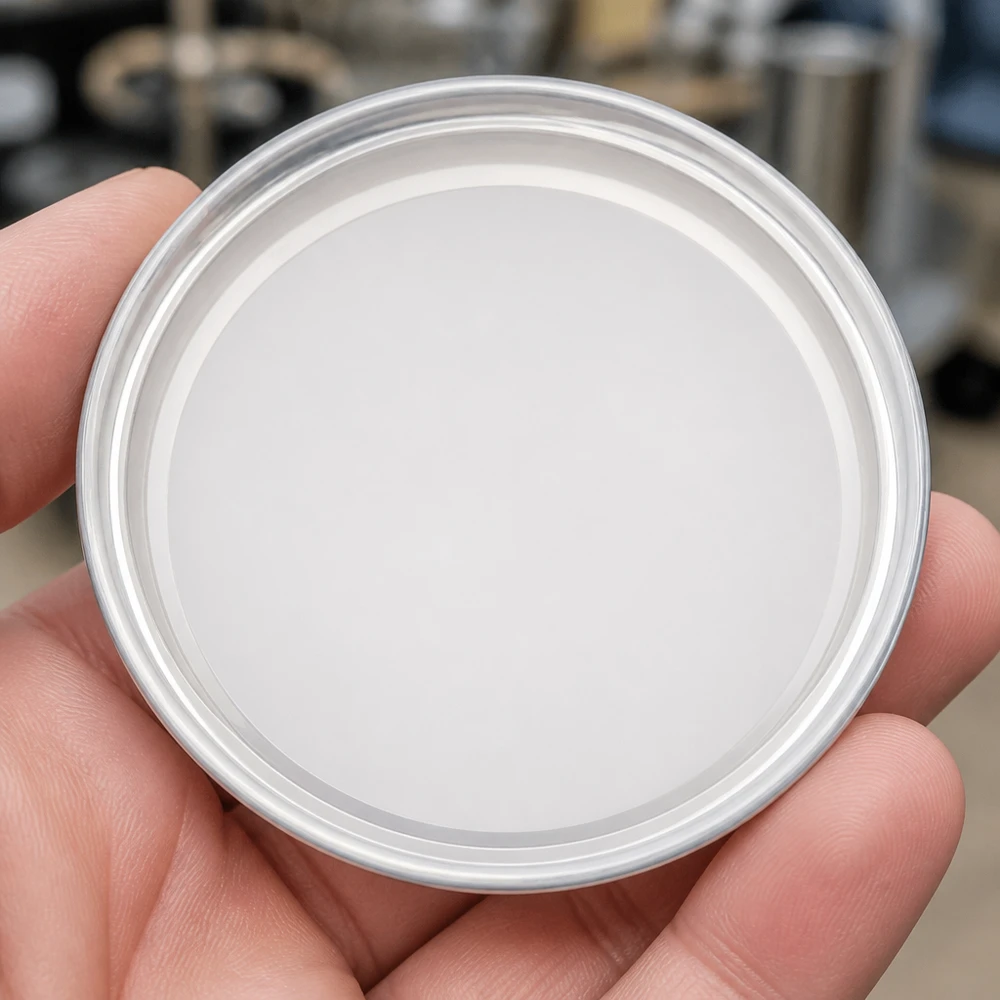 63mm víko BasicSeal bílé (TO63) UNiTWIST Jednotlivé bílé kovové víčko TO63 BasicSeal o průměru 63 mm, vyfotografované shora, UNiTWIST
