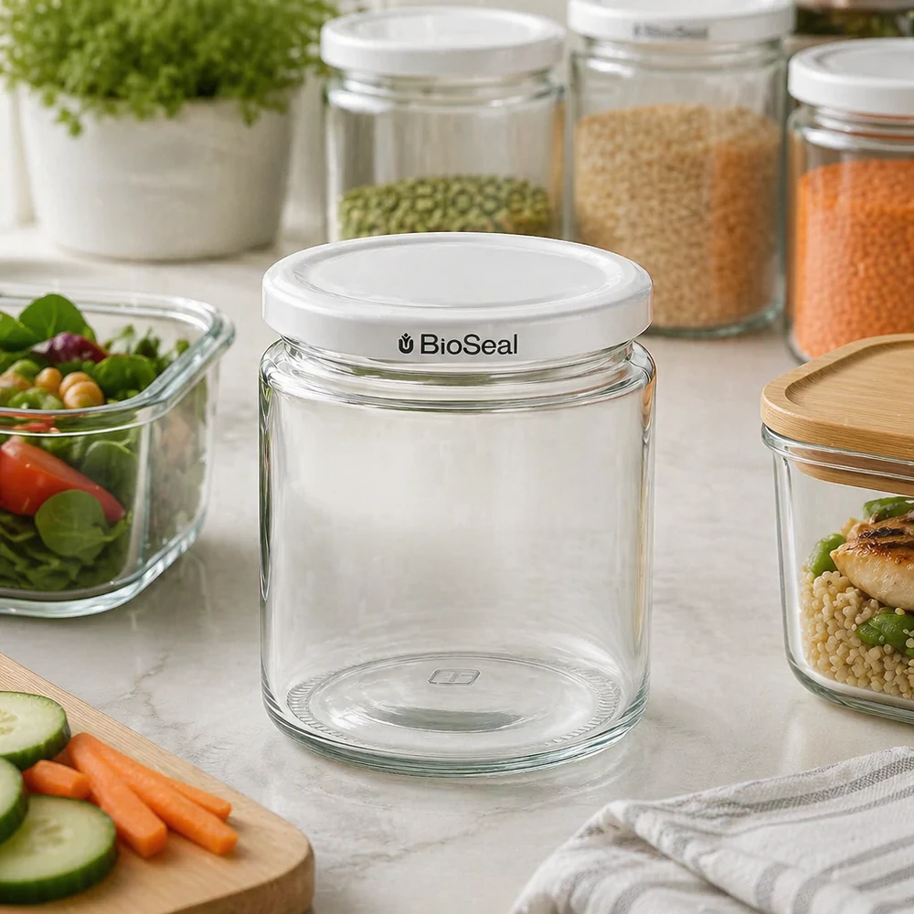 350g Honigglas + BioSeal Deckel weiß UNiTWIST 250ml Honigglas mit weißem BioSeal Deckel leer in moderner Küche zwischen Vorratsgläsern und frischen Lebensmitteln