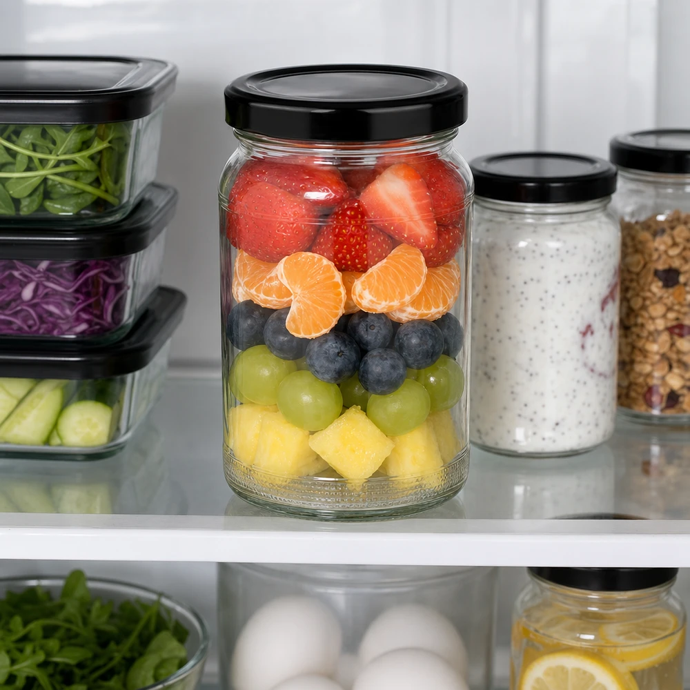 UNiTWIST Rundglas 110ml mit geschichtetem Obstsalat im Kühlschrank neben Vorratsgläsern mit schwarzem TO48 Deckel