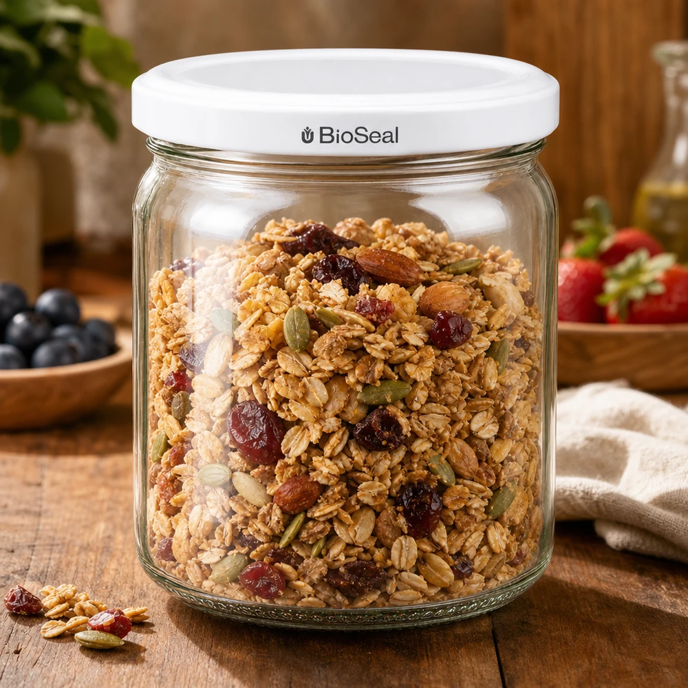 UNiTWIST Runda408 Glas mit Müsli gefüllt - praktische Aufbewahrung von Lebensmitteln mit BioSeal Verschluss